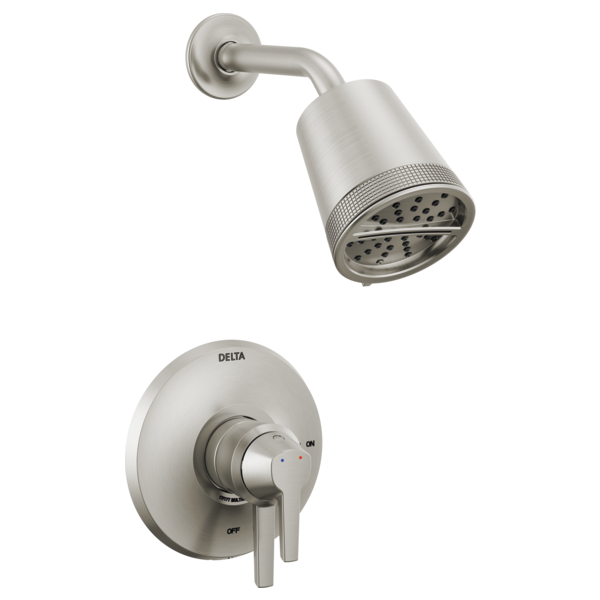 Brushed nickel shower trim with cylindrical showerhead and round wall-mounted valve control lever.