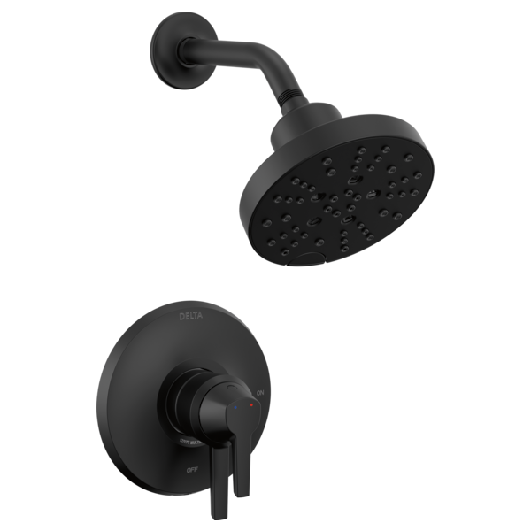 Black matte shower trim with round wall-mounted control valve and matching showerhead with multiple spray holes.