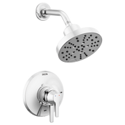 Chrome shower trim with round showerhead and wall-mounted valve control with lever handles.