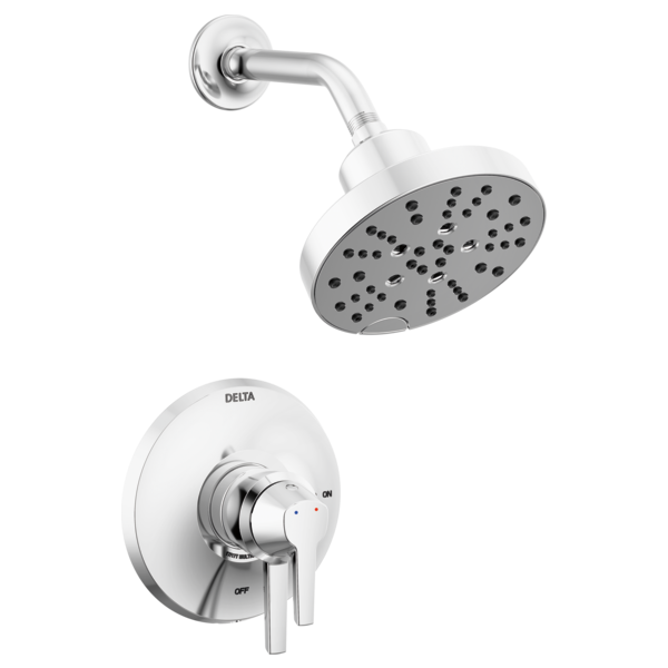 Chrome shower trim with round showerhead and wall-mounted valve control with lever handles.