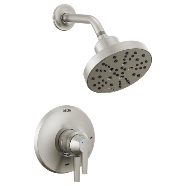 Brushed nickel shower trim with round showerhead and wall-mounted control valve with lever handle.