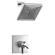 Chrome square showerhead with multiple spray holes and curved arm mounted on wall, plus matching valve trim plate with handle