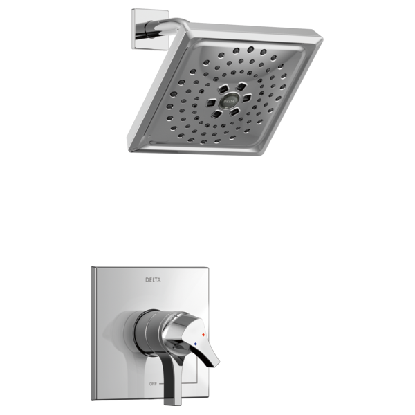 Chrome square showerhead with multiple spray holes and curved arm mounted on wall, plus matching valve trim plate with handle