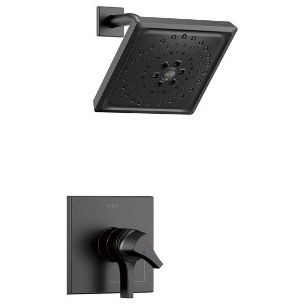 Black square shower head with multiple spray holes and matching wall-mounted trim valve control.