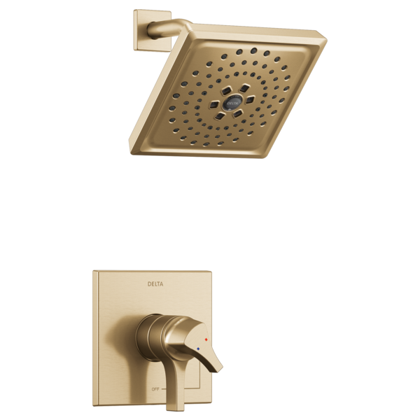 Champagne bronze square showerhead with perforations and matching wall-mounted trim valve with control lever.