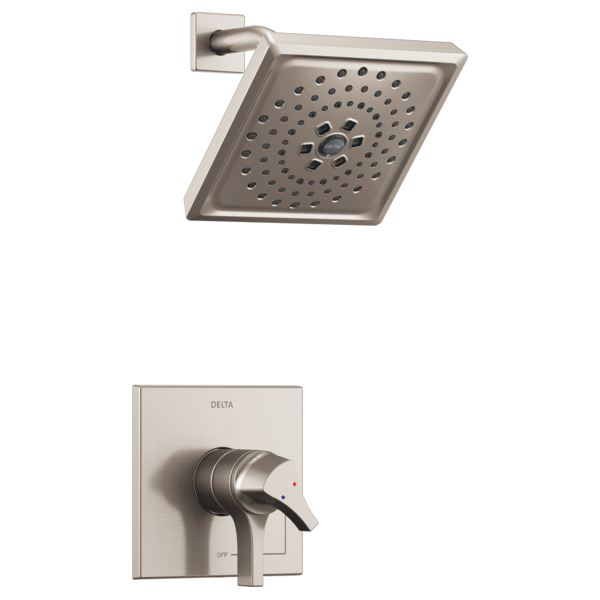 Brushed nickel square showerhead with multiple spray holes and matching wall-mounted lever valve trim.