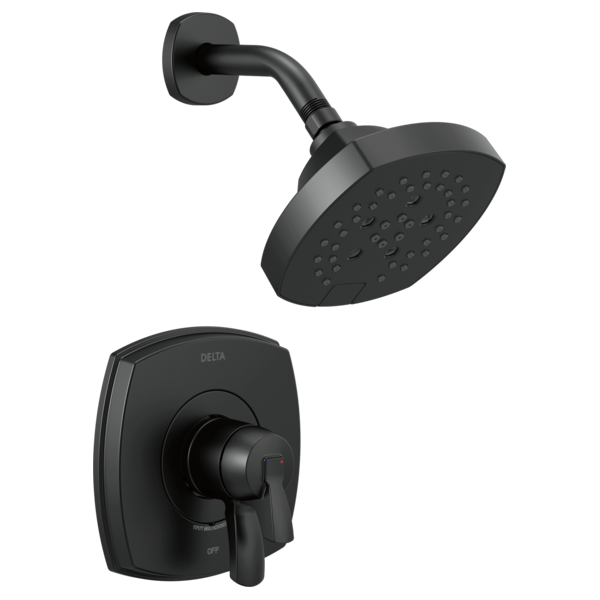 Matte black shower system with round showerhead, curved arm, wall-mounted valve trim, and lever handle.