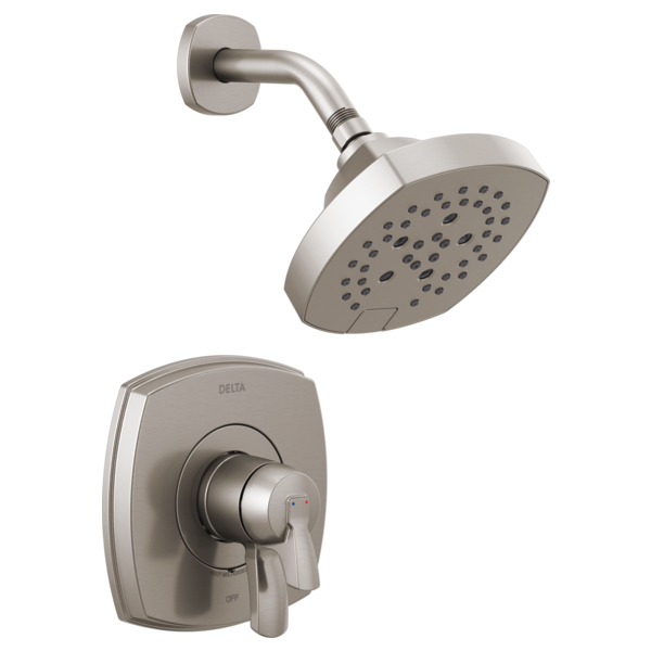Brushed nickel shower valve trim with rounded showerhead and wall-mounted control lever.