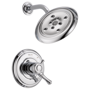 Chrome showerhead with multiple jets and matching valve trim with lever handle.