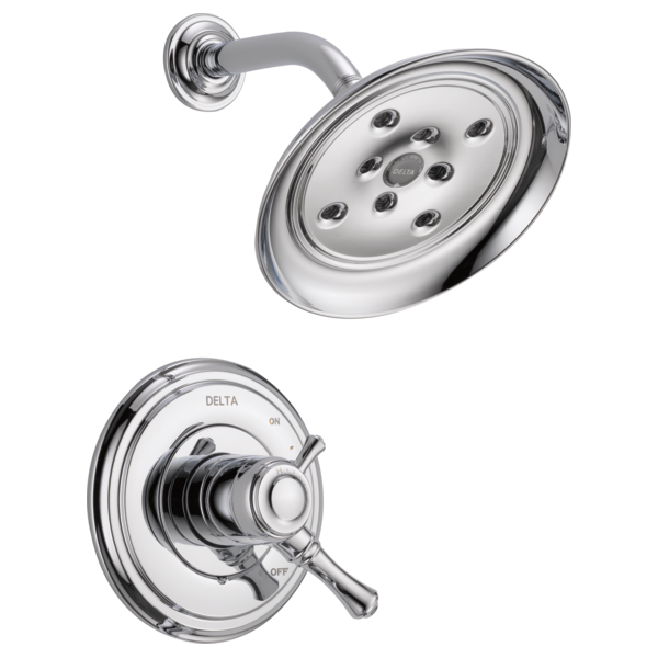 Chrome showerhead with multiple jets and matching valve trim with lever handle.