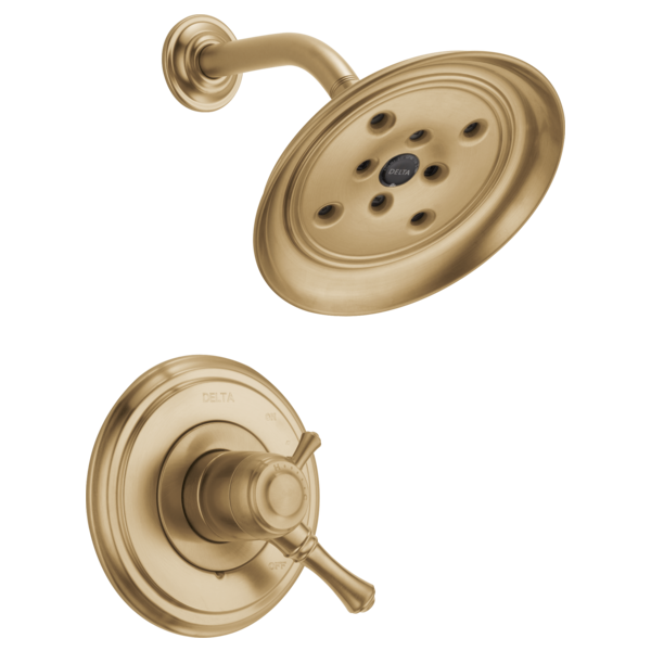 Champagne bronze shower trim with round showerhead featuring multiple jets and matching valve control handle with circular es