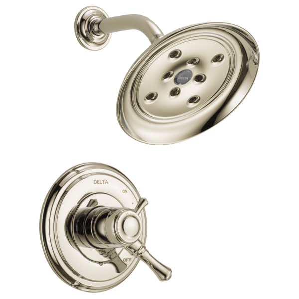 Polished nickel shower trim with round showerhead, curved arm, and dual-handle valve control in classic design.