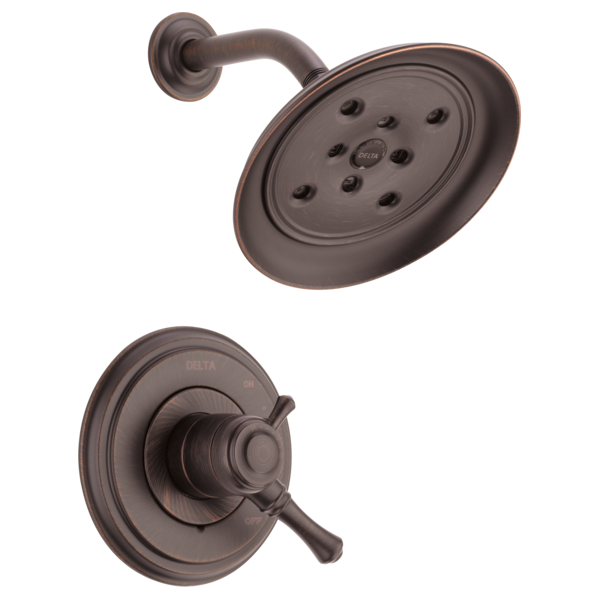 Oil-rubbed bronze shower trim with round showerhead and valve control handle.