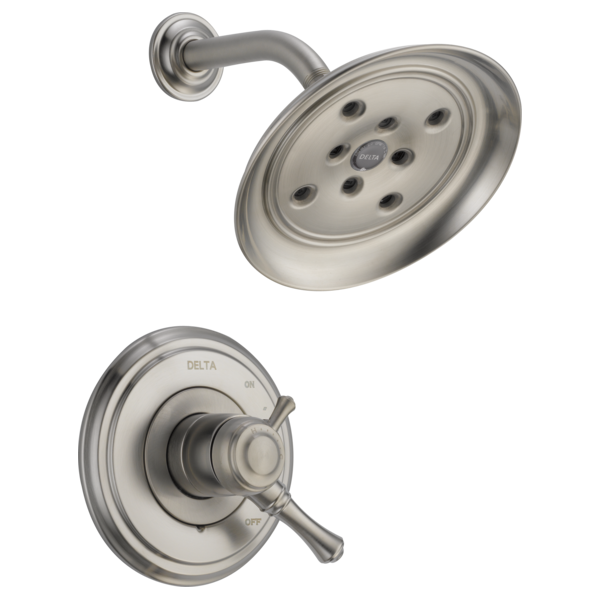 Brushed nickel shower trim with round showerhead featuring multiple spray jets and matching valve control handle with circula