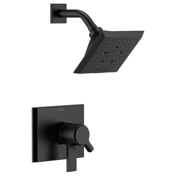Black Delta shower trim with square wall-mounted valve and angled showerhead with perforated face.