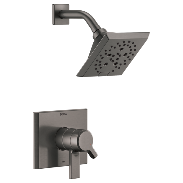 Gunmetal gray shower trim set with square showerhead, curved arm, and lever valve control.