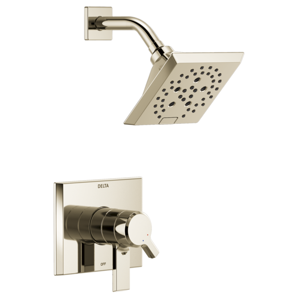 Polished nickel shower trim with square showerhead and valve control lever on square escutcheon plate.