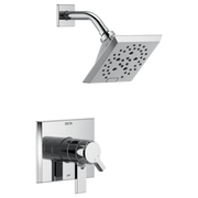 Chrome shower trim with square showerhead and curved arm, paired with square valve trim featuring black cylindrical handle.