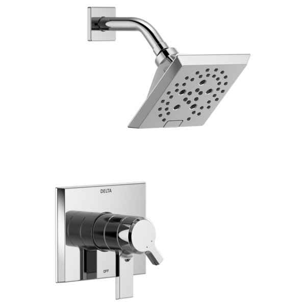 Chrome shower trim with square showerhead and curved arm, paired with square valve trim featuring black cylindrical handle.