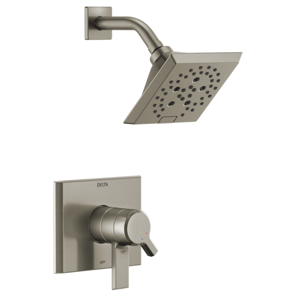 Brushed nickel square showerhead with curved arm and matching wall-mounted monitor valve with lever handle.