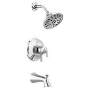 Chrome showerhead with perforations, wall-mounted trim valve with dual handles, and curved tub spout.