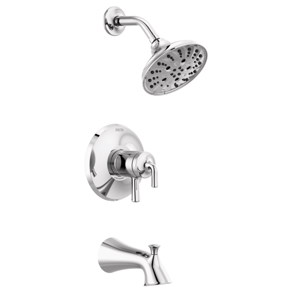 Chrome showerhead with perforations, wall-mounted trim valve with dual handles, and curved tub spout.