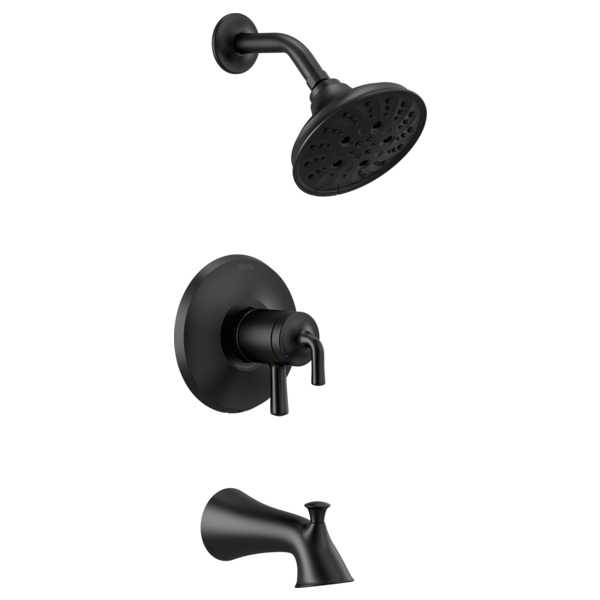 Black matte finish tub and shower trim set with circular showerhead, wall-mounted control valve, and tub spout.