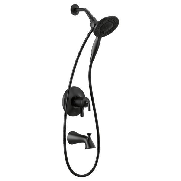 Black tub and shower trim with dual showerhead and handheld spray, wall-mounted with curved spout.