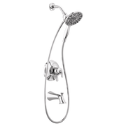 Chrome tub and shower trim with dual shower heads, handheld sprayer, and wall-mounted controls.