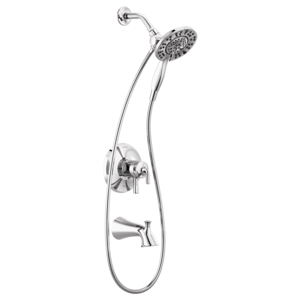 Chrome tub and shower trim with dual shower heads, handheld sprayer, and wall-mounted controls.