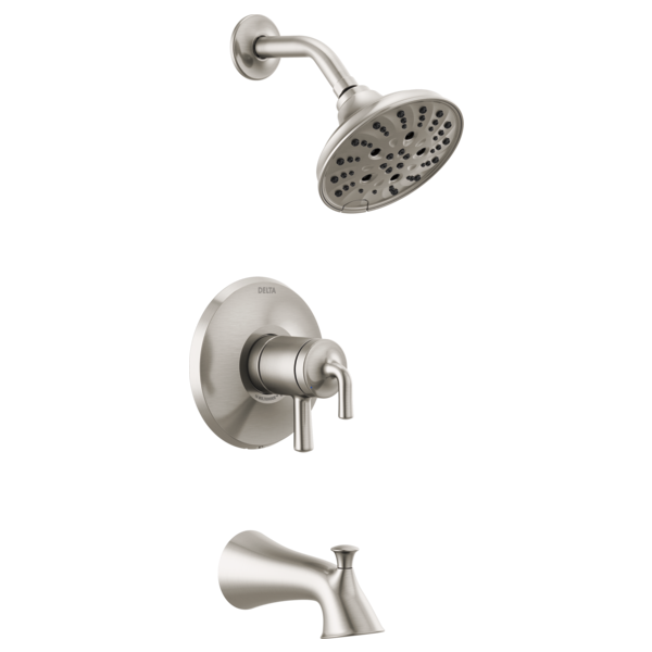 Brushed nickel shower trim set with round showerhead, valve trim with dual handles, and tub spout.