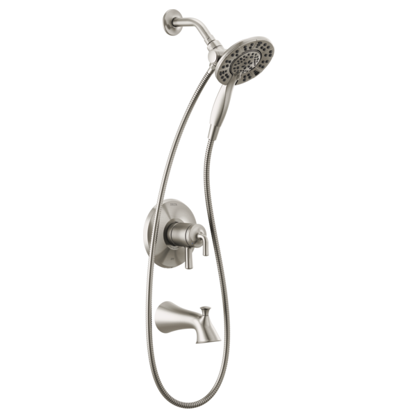 Brushed nickel tub and shower trim with dual handles, fixed showerhead, and handheld spray on flexible hose.
