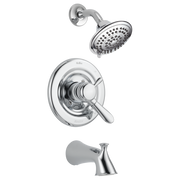 Chrome tub and shower trim with round showerhead, lever handle, and tub spout.