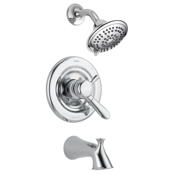 Chrome tub and shower trim with round showerhead, lever handle, and tub spout.