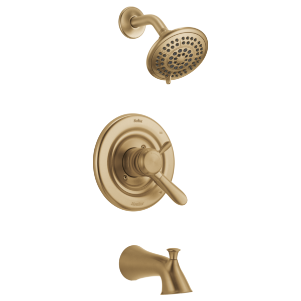 Champagne bronze tub and shower trim set with showerhead, valve trim, and spout.