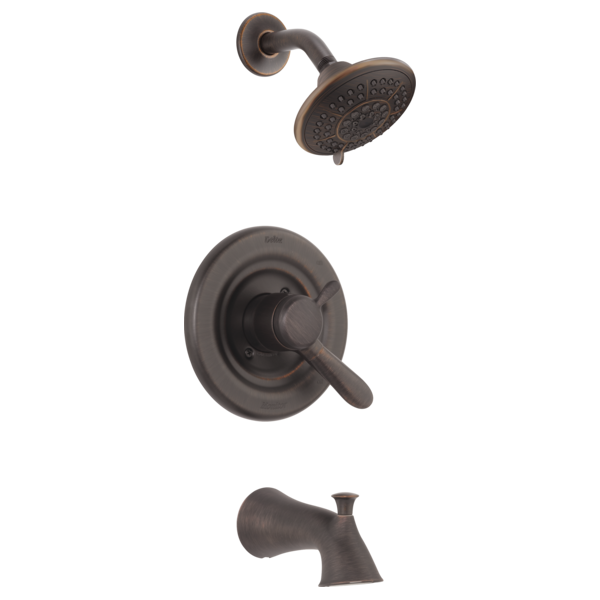 Bronze tub and shower trim set with showerhead, valve handle, and tub spout.