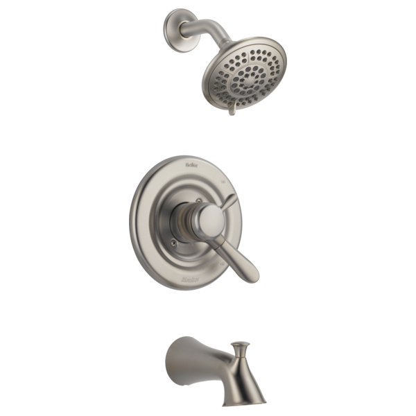Brushed nickel tub and shower trim with round showerhead, valve trim plate, and tub spout.