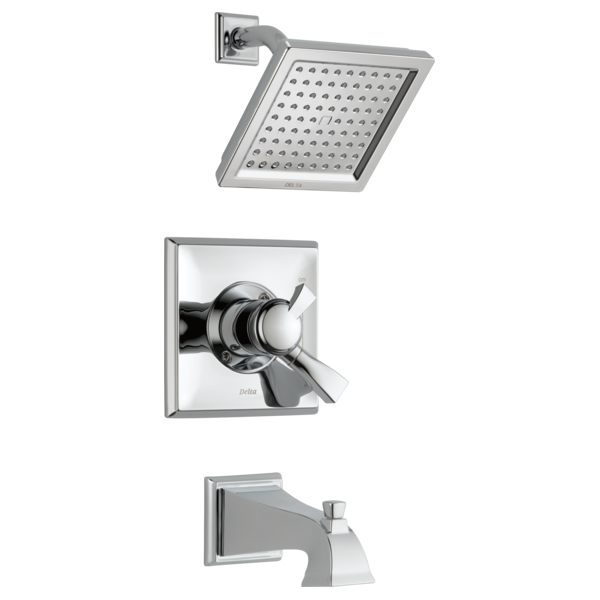 Chrome tub and shower trim with square showerhead, dual-lever valve handle, and matching tub spout.