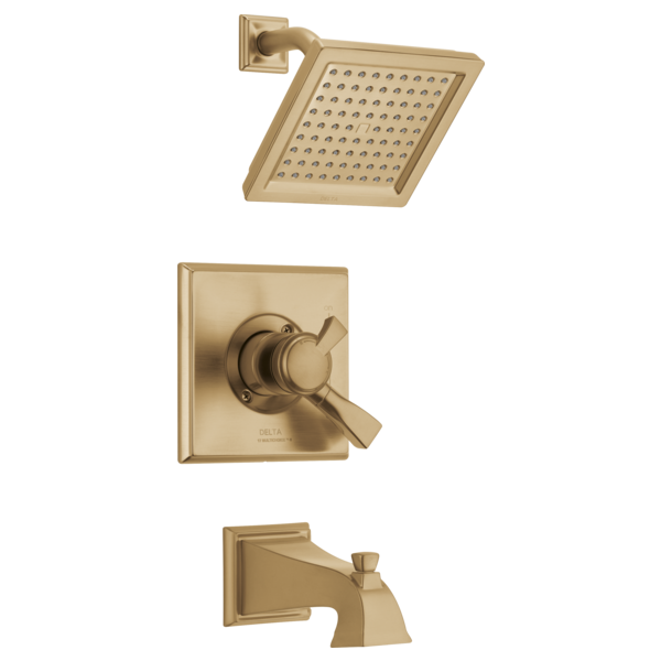 Champagne bronze showerhead, valve trim plate with lever handle, and tub spout for Delta Dryden Monitor 17 Series.