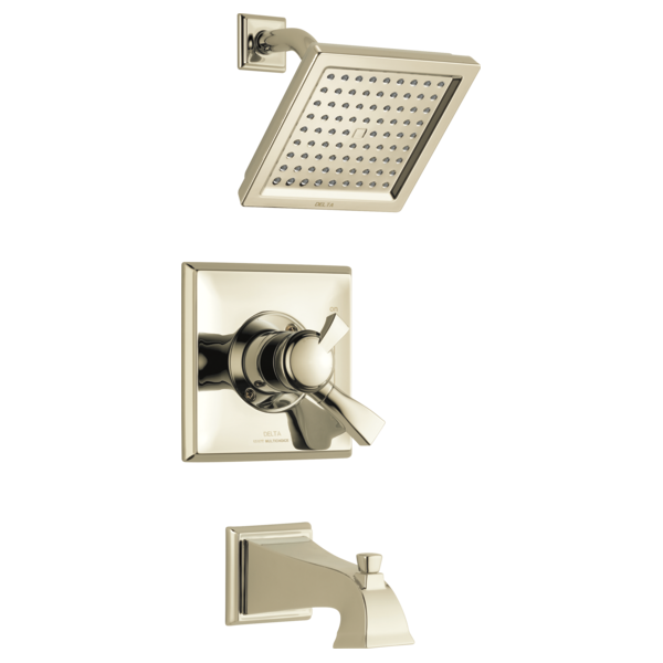 Chrome showerhead with perforated face, wall-mounted valve trim with lever handles, and matching tub spout.