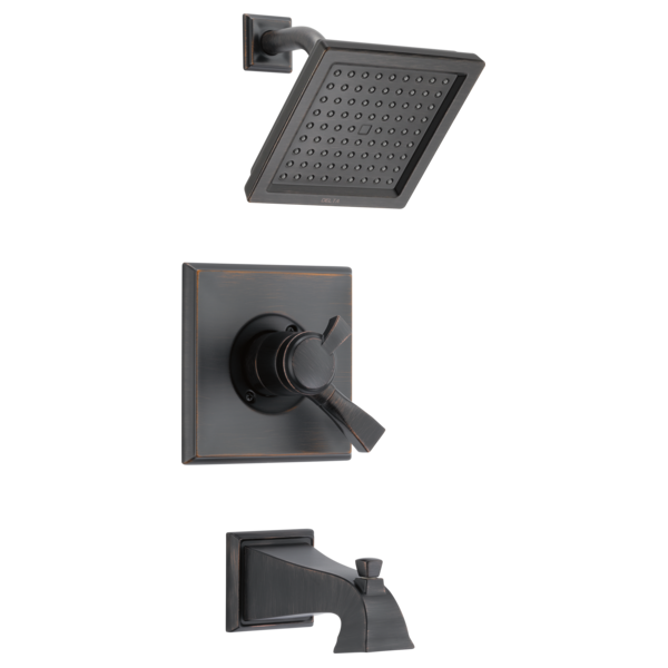 Matte black shower trim set with square rainfall showerhead, valve trim with lever handle, and tub spout.
