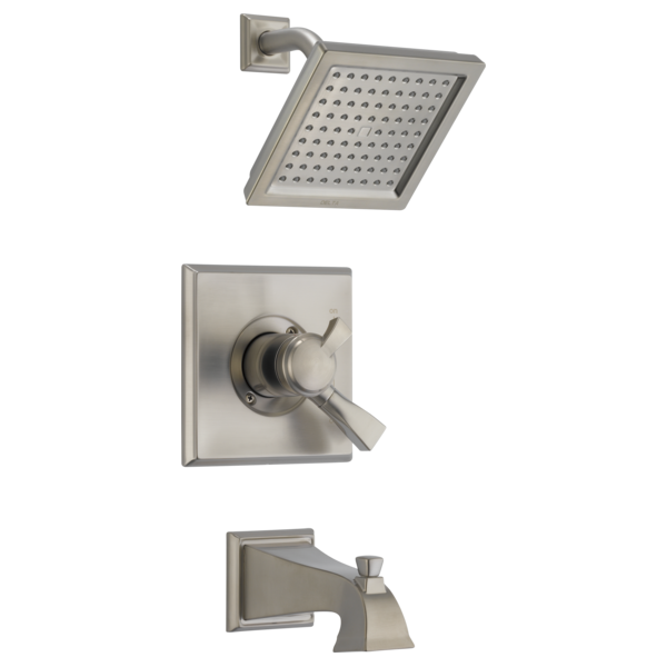 Brushed nickel tub and shower trim with square showerhead, valve handle, and tub spout.