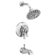 Chrome tub and shower trim with round showerhead, control valve, and tub spout.