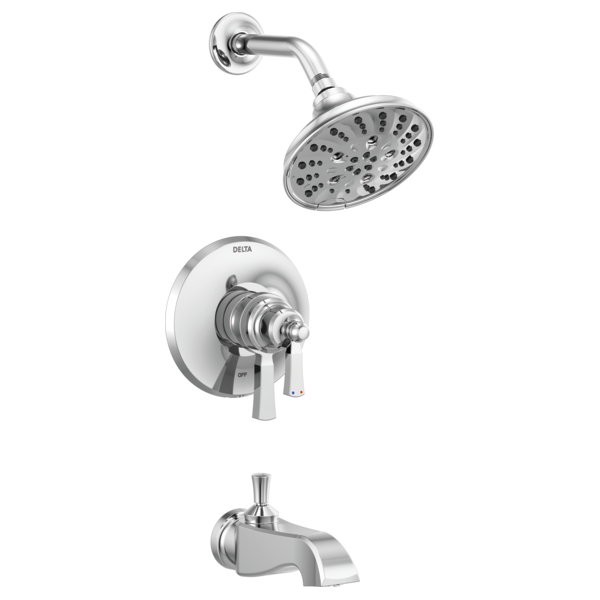 Chrome tub and shower trim with round showerhead, control valve, and tub spout.