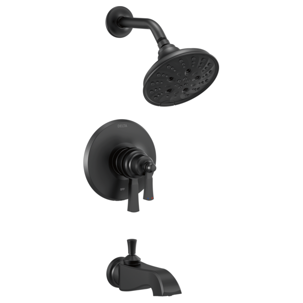 Matte black tub and shower trim kit with round showerhead, wall-mounted valve control, and tub spout.