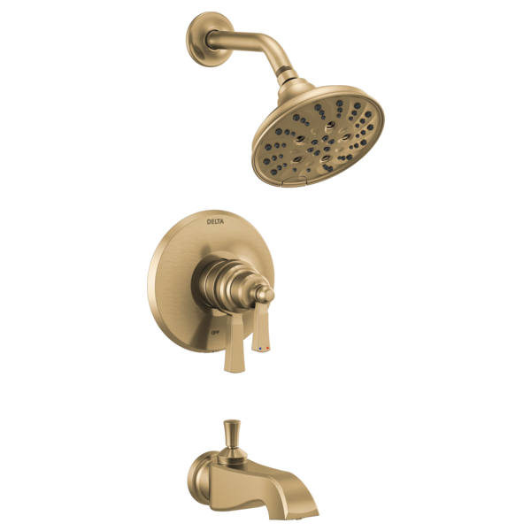 Champagne bronze tub and shower trim with round showerhead, wall-mounted valve, and tub spout.