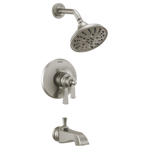 Brushed nickel tub and shower trim with round showerhead, valve trim plate with lever handle, and curved tub spout.