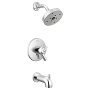 Chrome tub and shower trim with round showerhead, wall-mounted valve trim, and tub spout.