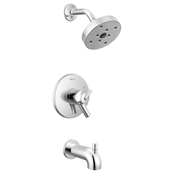 Chrome tub and shower trim with round showerhead, wall-mounted valve trim, and tub spout.