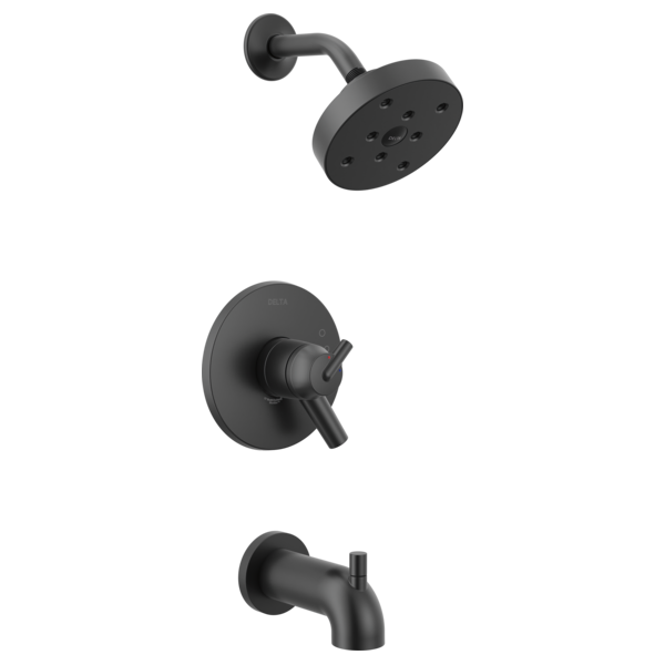 Black matte finish tub and shower trim set with round showerhead, valve trim, and tub spout.